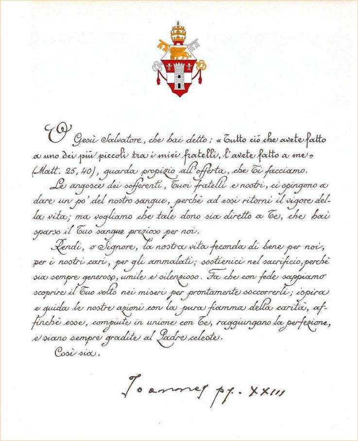 Preghiera Di Papa Giovanni Xxiii Preghiera del donatore di sangue scritta da Papa Giovanni XXIII